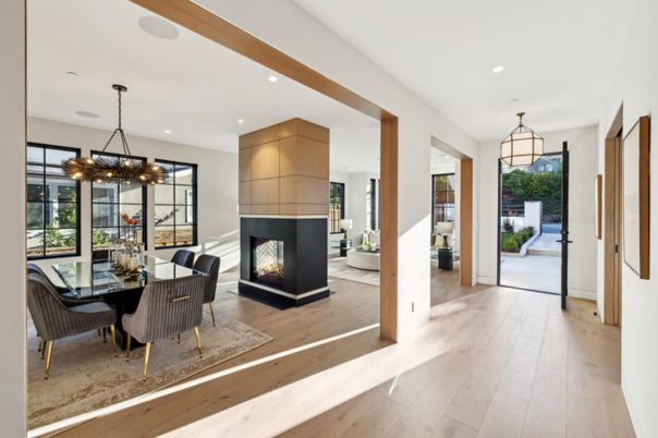 Dining room, Fireplace, Interior, Pendant Lights, Recessed Lighting, Wood Texture Flooring