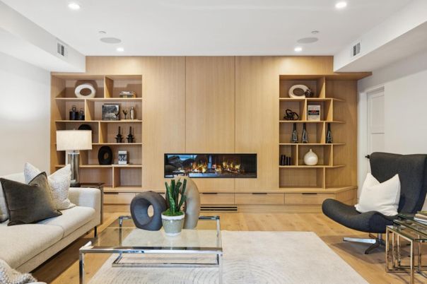 Fireplace, Interior, Living room, Recessed Lighting, Wood Texture Flooring