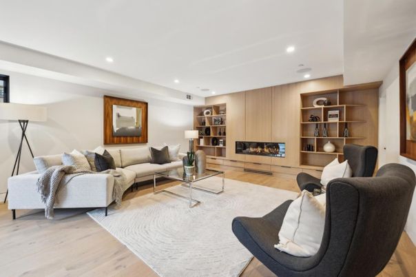 Fireplace, Interior, Living room, Recessed Lighting, Wood Texture Flooring