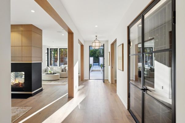 Fireplace, Interior, Pendant Lights, Recessed Lighting, Wood Texture Flooring