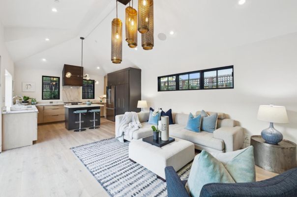 Interior, Kitchen, Living room, Pendant Lights, Recessed Lighting, Wood Texture Flooring