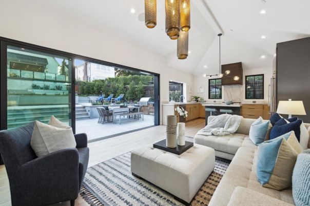 Interior, Kitchen, Living room, Marble Walls, Pendant Lights, Recessed Lighting, Wood Texture Flooring