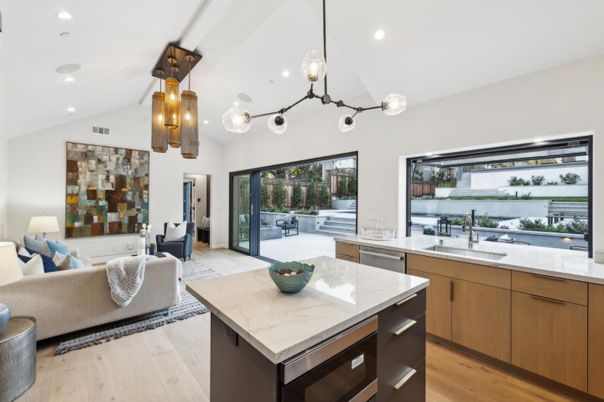 Interior, Kitchen, Living room, Pendant Lights, Recessed Lighting, Wood Texture Flooring