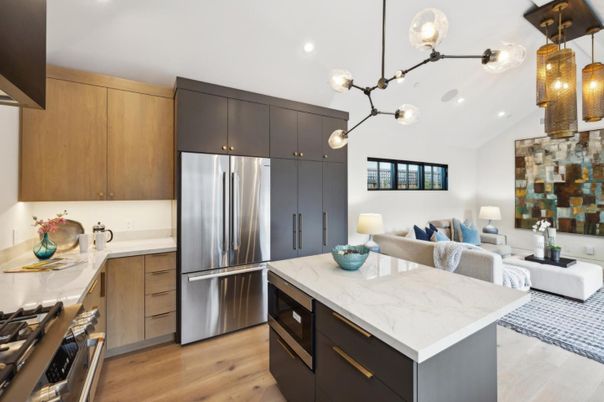 Interior, Kitchen, Living room, Pendant Lights, Recessed Lighting, Stainless Steel Appliances, Wood Texture Flooring