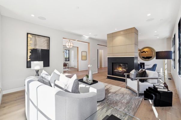 Fireplace, Interior, Living room, Pendant Lights, Recessed Lighting, Wood Texture Flooring