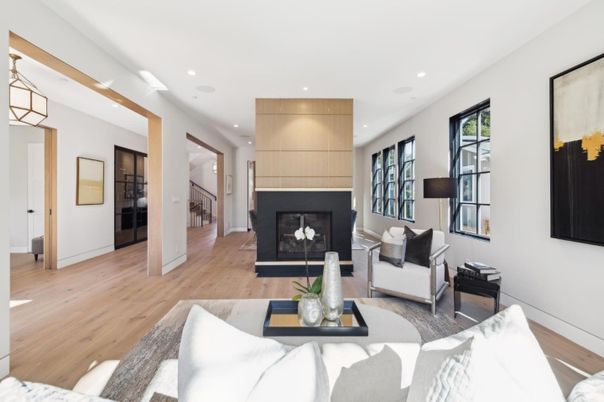 Fireplace, Interior, Living room, Pendant Lights, Recessed Lighting, Wood Texture Flooring