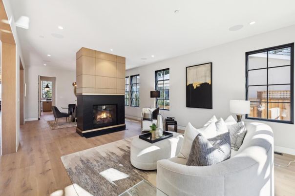 Fireplace, Interior, Living room, Pendant Lights, Recessed Lighting, Wood Texture Flooring