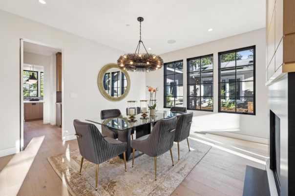 Dining room, Interior, Pendant Lights, Recessed Lighting, Wood Texture Flooring