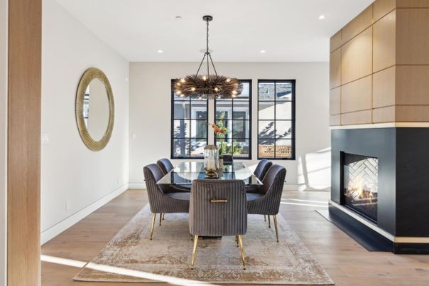Dining room, Fireplace, Interior, Pendant Lights, Recessed Lighting, Wood Texture Flooring