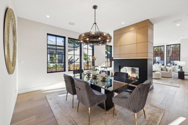 Dining room, Fireplace, Interior, Living room, Pendant Lights, Recessed Lighting, Wood Texture Flooring