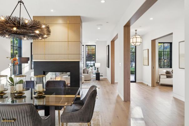 Dining room, Fireplace, Interior, Living room, Pendant Lights, Recessed Lighting, Wood Texture Flooring