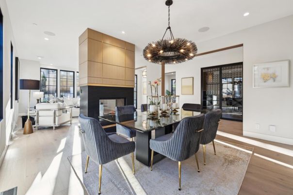 Dining room, Interior, Living room, Pendant Lights, Recessed Lighting, Wood Texture Flooring