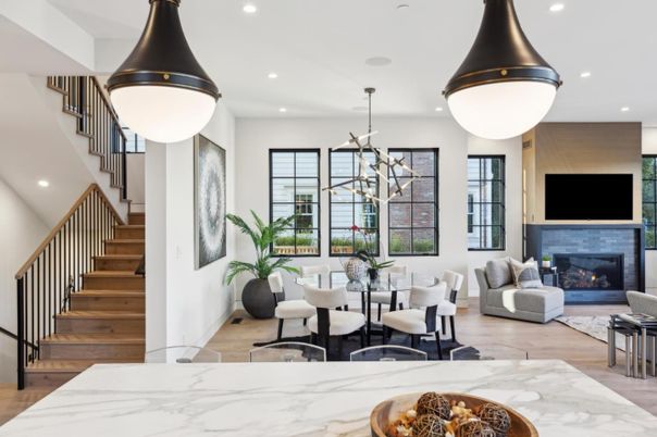 Dining room, Fireplace, Interior, Living room, Pendant Lights, Recessed Lighting, Wood Texture Flooring