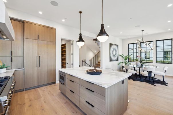 Dining room, Interior, Kitchen, Pendant Lights, Recessed Lighting, Wood Texture Flooring