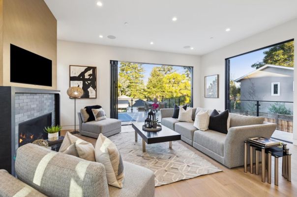 Fireplace, Interior, Living room, Recessed Lighting, Wood Texture Flooring