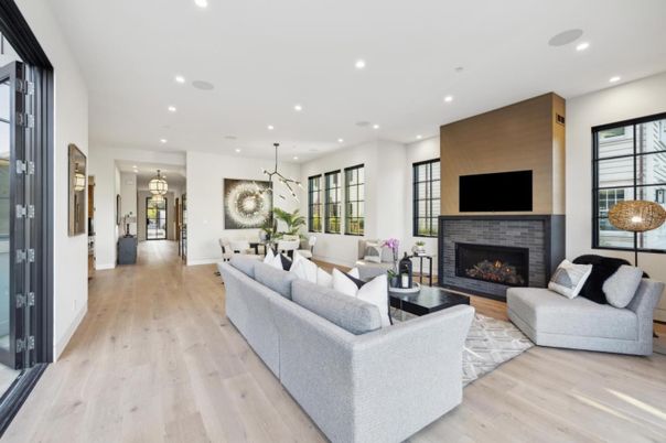 Dining room, Fireplace, Interior, Living room, Pendant Lights, Recessed Lighting, Wood Texture Flooring