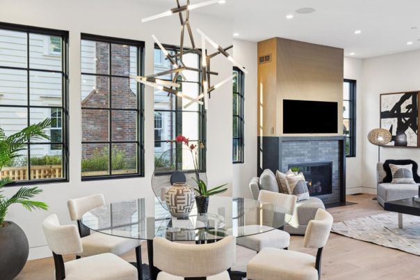 Dining room, Fireplace, Interior, Pendant Lights, Recessed Lighting, Wood Texture Flooring