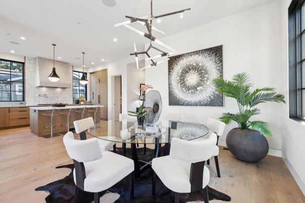 Dining room, Interior, Kitchen, Pendant Lights, Recessed Lighting, Stainless Steel Appliances, Wood Texture Flooring