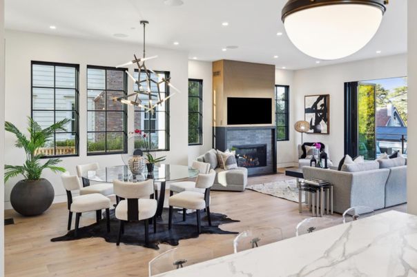 Dining room, Fireplace, Interior, Living room, Pendant Lights, Recessed Lighting, Wood Texture Flooring