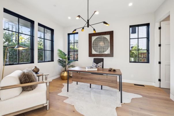 Home Office, Interior, Pendant Lights, Recessed Lighting, Wood Texture Flooring