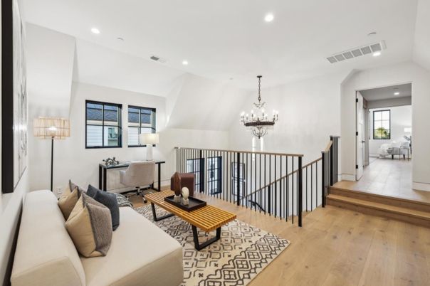 Chandelier, Home Office, Interior, Living room, Recessed Lighting, Wood Texture Flooring