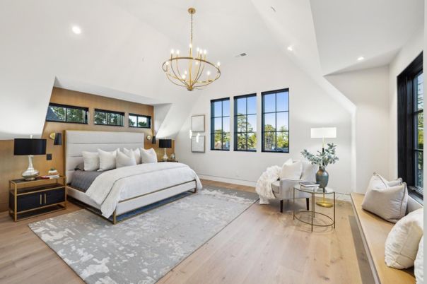 Bedroom, Chandelier, Interior, Recessed Lighting, Wood Texture Flooring