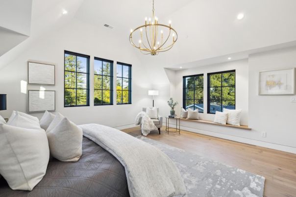 Bedroom, Interior, Pendant Lights, Recessed Lighting, Wood Texture Flooring