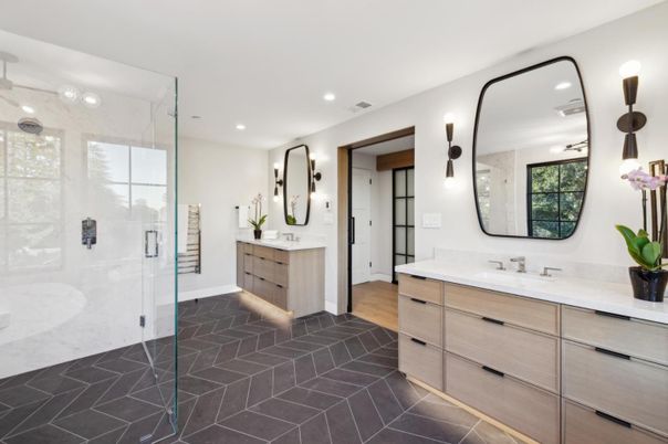 Bathroom, Dual Sink Vanities, Glass Shower, Interior, Recessed Lighting