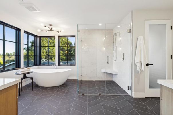 Bathroom, Free Standing Baths, Glass Shower, Interior, Marble Walls