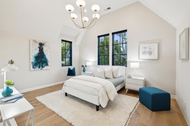 Bedroom, Chandelier, Interior, Wood Texture Flooring