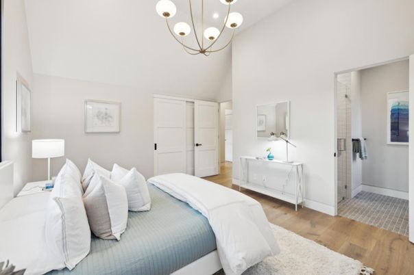 Bedroom, Interior, Pendant Lights, Wood Texture Flooring