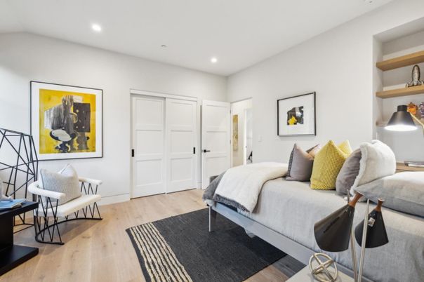 Bedroom, Interior, Recessed Lighting, Wood Texture Flooring