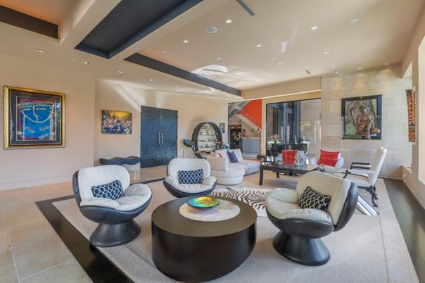 Dining room, Interior, Living room, Recessed Lighting, Stone Walls