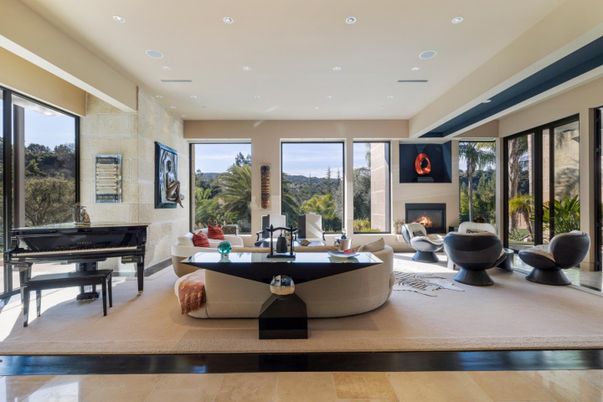 Fireplace, Interior, Living room, Piano, Recessed Lighting, Stone Walls