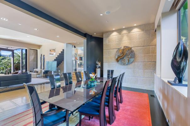 Dining room, Interior, Living room, Recessed Lighting, Stone Walls