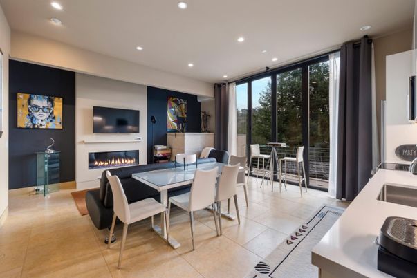 Dining room, Fireplace, Interior, Recessed Lighting
