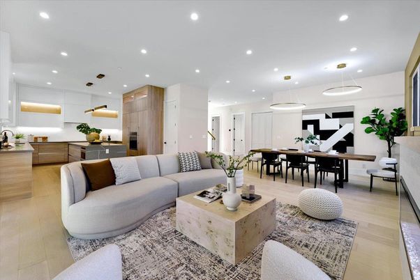 Dining room, Interior, Kitchen, Living room, Pendant Lights, Recessed Lighting, Stainless Steel Appliances, Wood Texture Flooring