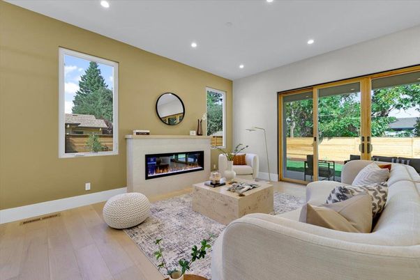 Fireplace, Interior, Living room, Recessed Lighting, Wood Texture Flooring
