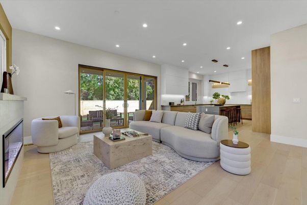 Fireplace, Interior, Kitchen, Living room, Pendant Lights, Recessed Lighting, Wood Texture Flooring
