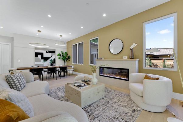 Dining room, Fireplace, Interior, Living room, Pendant Lights, Recessed Lighting, Wood Texture Flooring