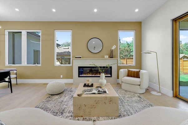 Fireplace, Interior, Living room, Recessed Lighting, Wood Texture Flooring