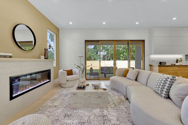 Fireplace, Interior, Living room, Recessed Lighting, Wood Texture Flooring