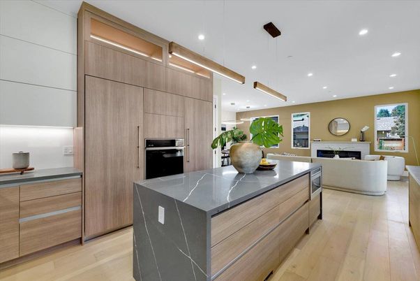 Fireplace, Interior, Kitchen, Living room, Pendant Lights, Recessed Lighting, Stainless Steel Appliances, Wood Texture Flooring