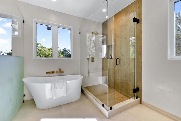 Bathroom, Free Standing Baths, Glass Shower, Interior, Recessed Lighting