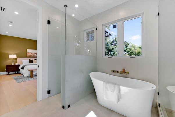 Bathroom, Bedroom, Free Standing Baths, Interior, Recessed Lighting, Wood Texture Flooring