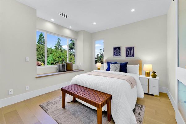 Bedroom, Interior, Recessed Lighting, Wood Texture Flooring