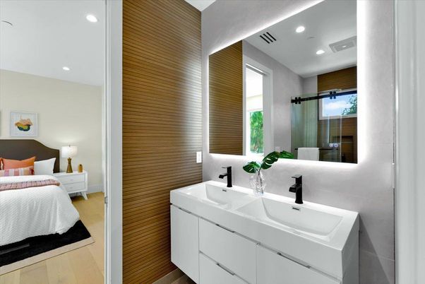 Bathroom, Bedroom, Dual Sink Vanities, Interior, Recessed Lighting, Wood Texture Flooring