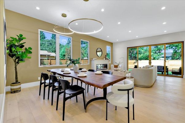 Dining room, Fireplace, Interior, Living room, Pendant Lights, Recessed Lighting, Wood Texture Flooring