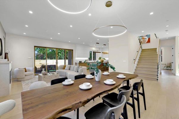 Dining room, Interior, Kitchen, Living room, Pendant Lights, Recessed Lighting, Wood Texture Flooring