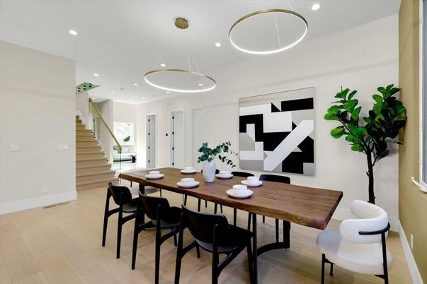 Dining room, Interior, Pendant Lights, Recessed Lighting, Wood Texture Flooring